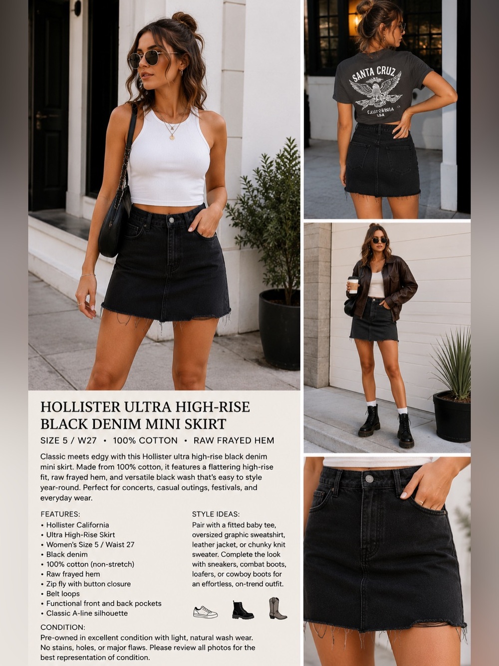 Hollister Ultra High-Rise Black Denim Mini Skirt Women’s W27 100% Cotton Raw hem